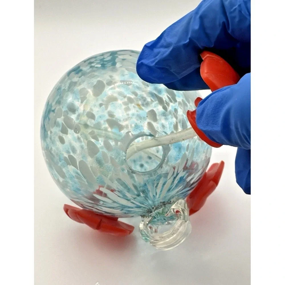 Hummingbird Feeder Hand Blown Glass Blue White Confetti Red Flower Ports Hanging